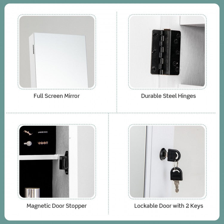 Freestanding Jewelry Armoire with Full-Length Mirror and Lockable Storage – White