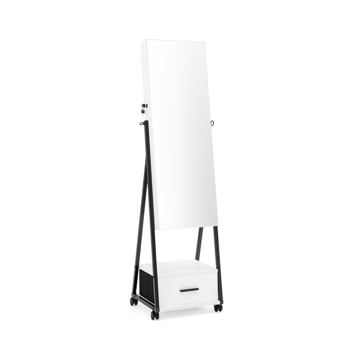Freestanding Jewelry Armoire with Full-Length Mirror and Lockable Storage – White