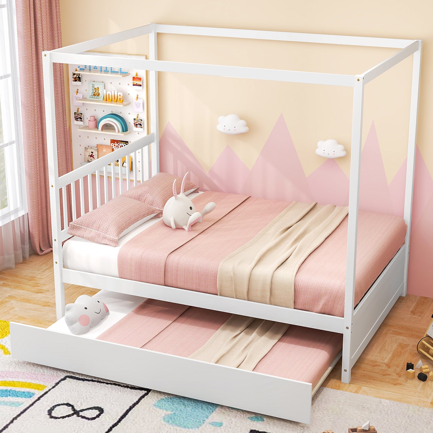 Full Size Canopy Platform Bed with Pull Out Trundle and Solid Wood Frame for Kids or Guest Room White