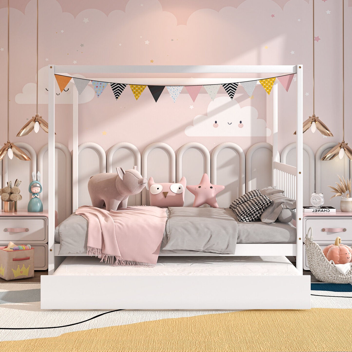 Full Size Canopy Platform Bed with Pull Out Trundle and Solid Wood Frame for Kids or Guest Room White