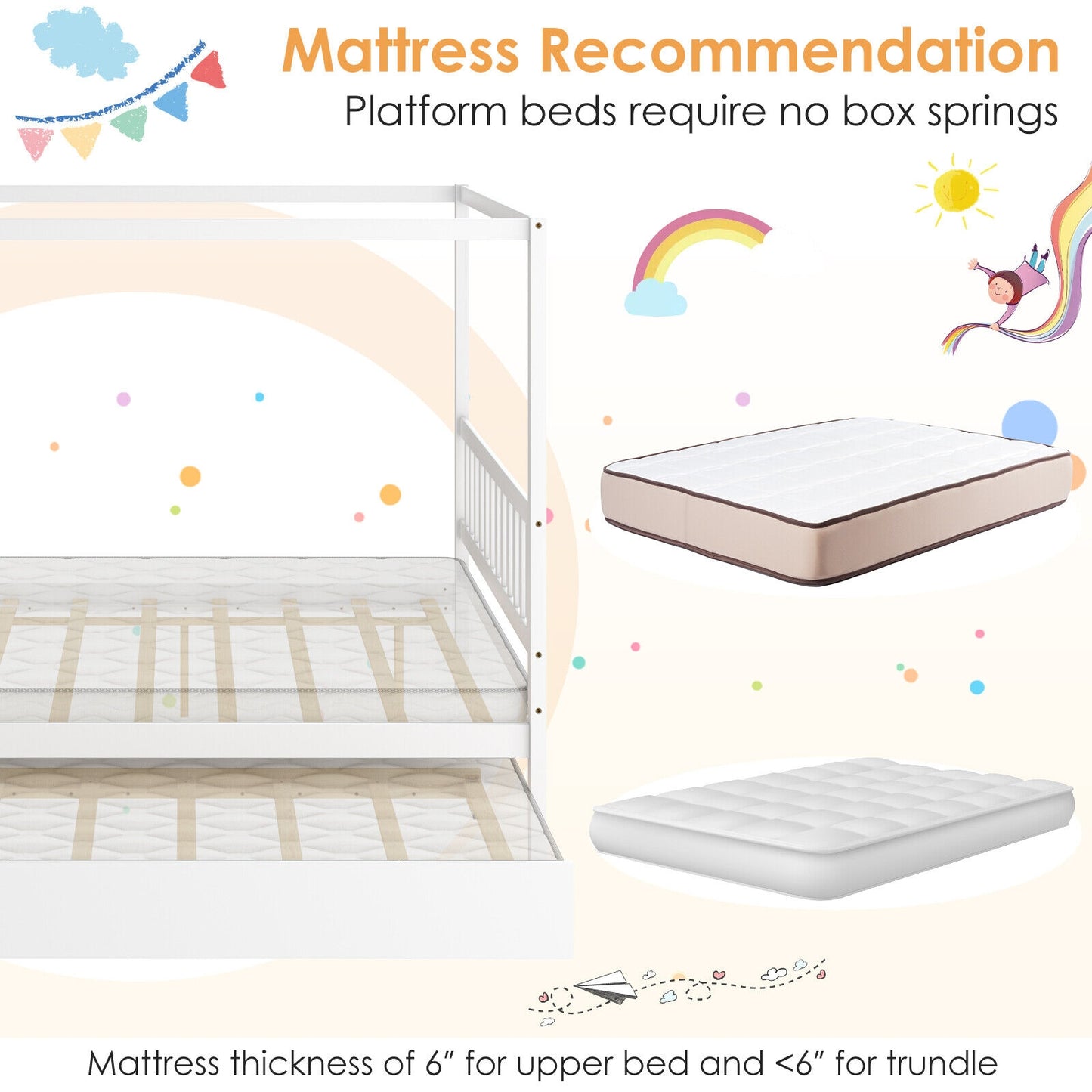 Full Size Canopy Platform Bed with Pull Out Trundle and Solid Wood Frame for Kids or Guest Room White