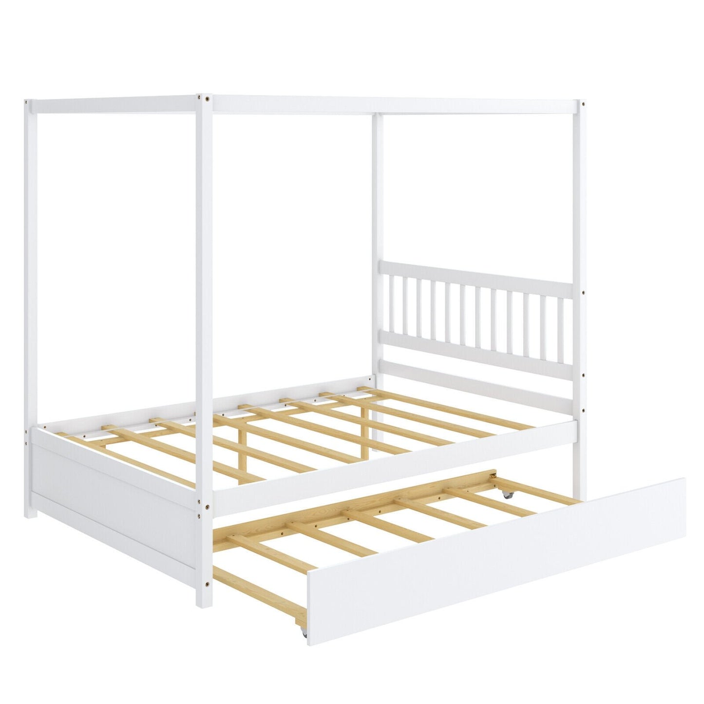 Full Size Canopy Platform Bed with Pull Out Trundle and Solid Wood Frame for Kids or Guest Room White