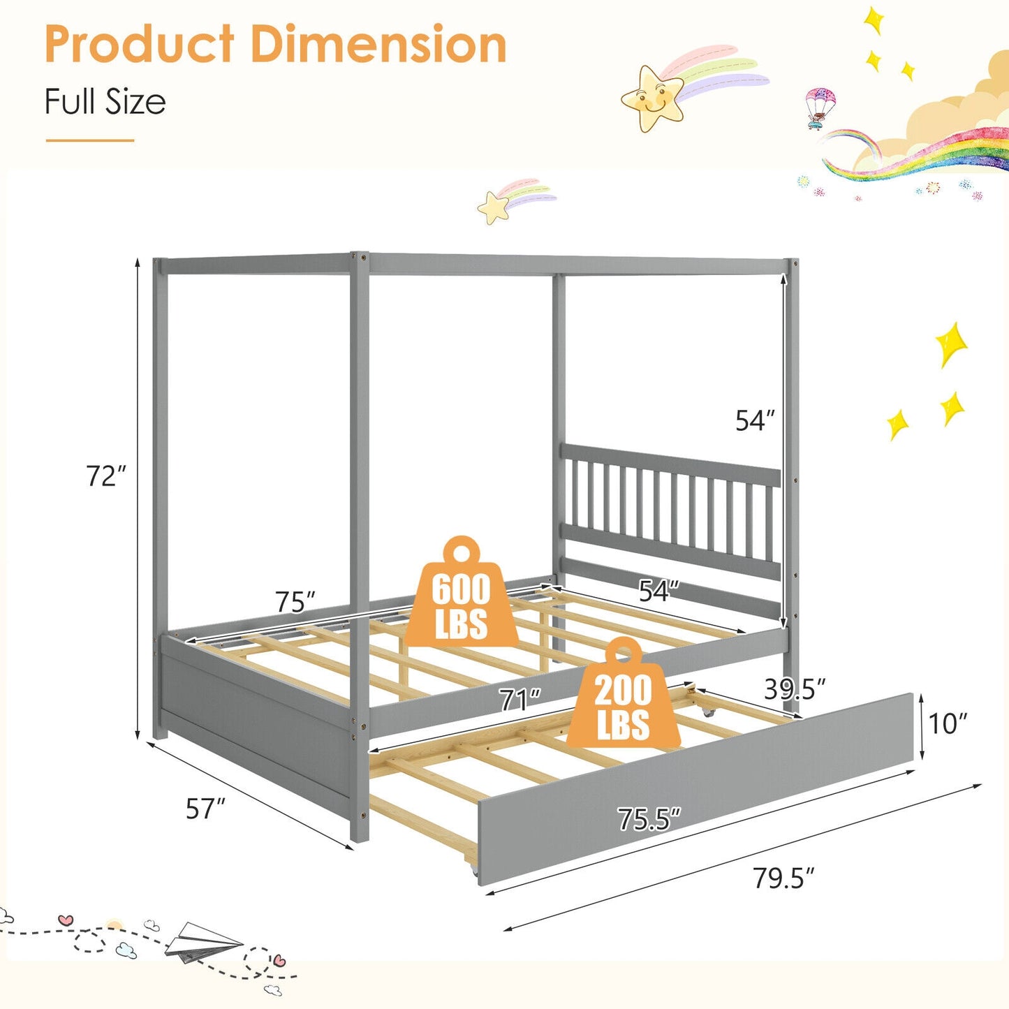 Full Size Canopy Platform Bed with Pull Out Trundle and Solid Wood Frame for Kids or Guest Room Grey