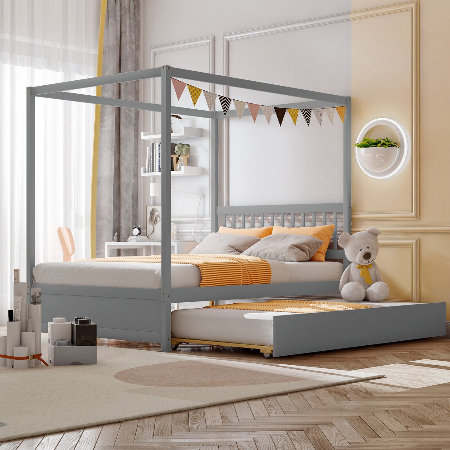 Full Size Canopy Platform Bed with Pull Out Trundle and Solid Wood Frame for Kids or Guest Room Grey