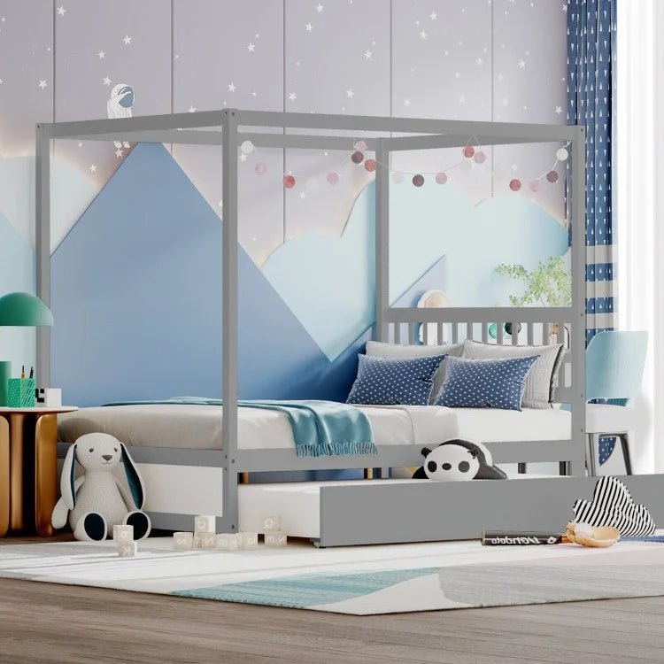 Full Size Canopy Platform Bed with Pull Out Trundle and Solid Wood Frame for Kids or Guest Room Grey