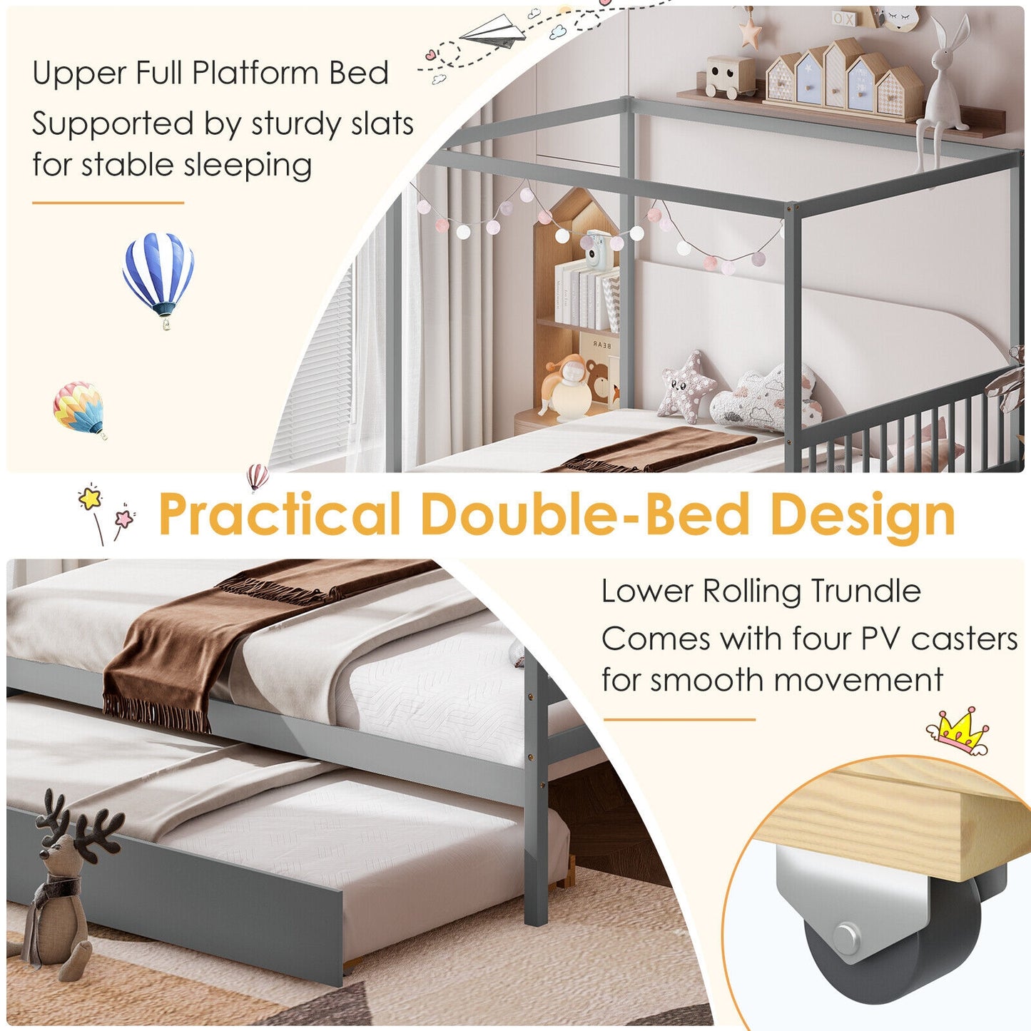 Full Size Canopy Platform Bed with Pull Out Trundle and Solid Wood Frame for Kids or Guest Room Grey