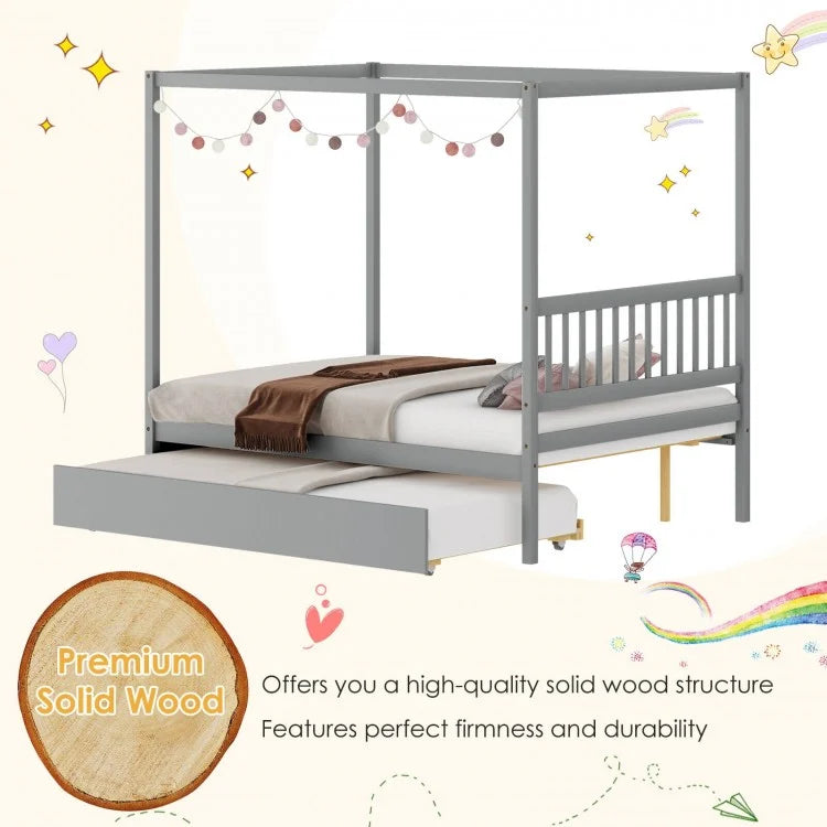 Full Size Canopy Platform Bed with Pull Out Trundle and Solid Wood Frame for Kids or Guest Room Grey