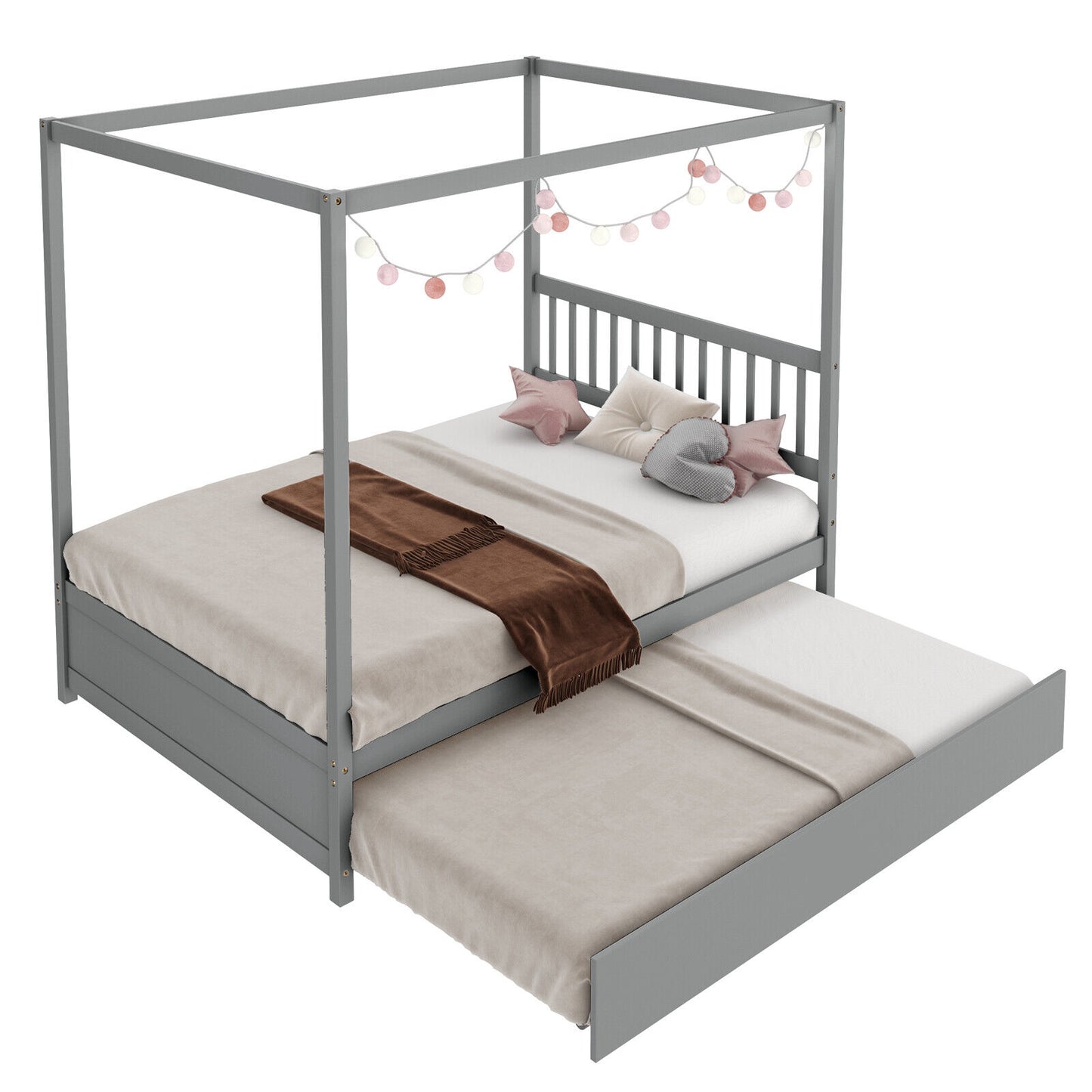 Full Size Canopy Platform Bed with Pull Out Trundle and Solid Wood Frame for Kids or Guest Room Grey