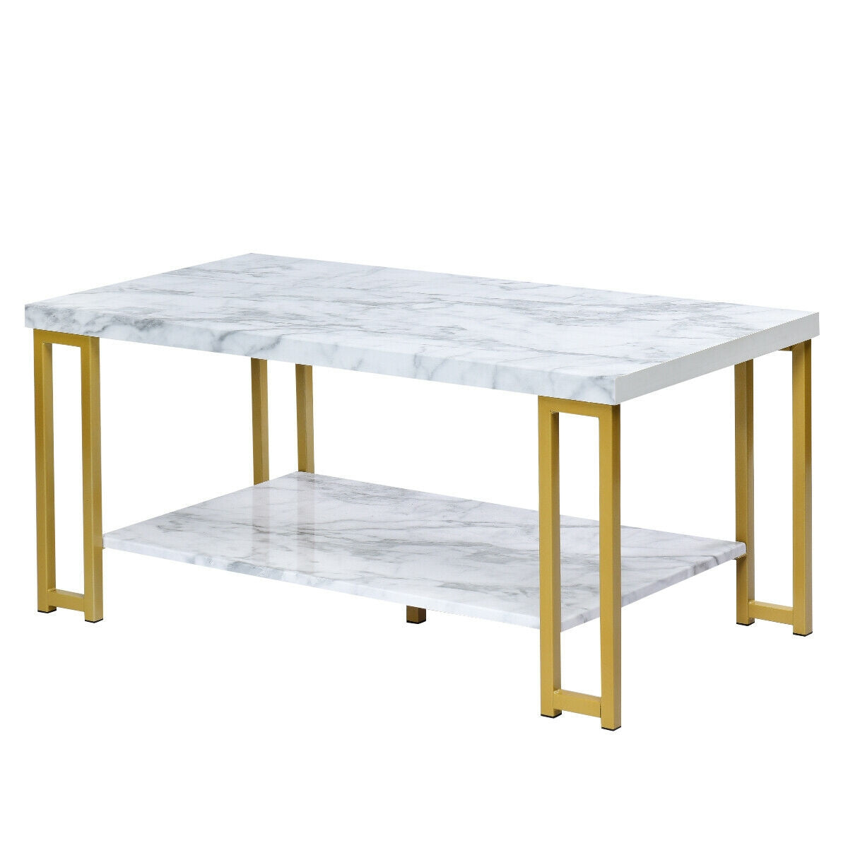 Modern Rectangular Coffee Table with Two Tiers and Gold Printed Metal Frame