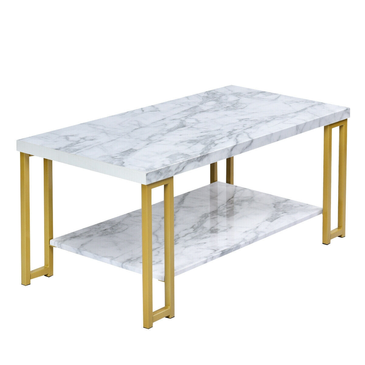 Modern Rectangular Coffee Table with Two Tiers and Gold Printed Metal Frame