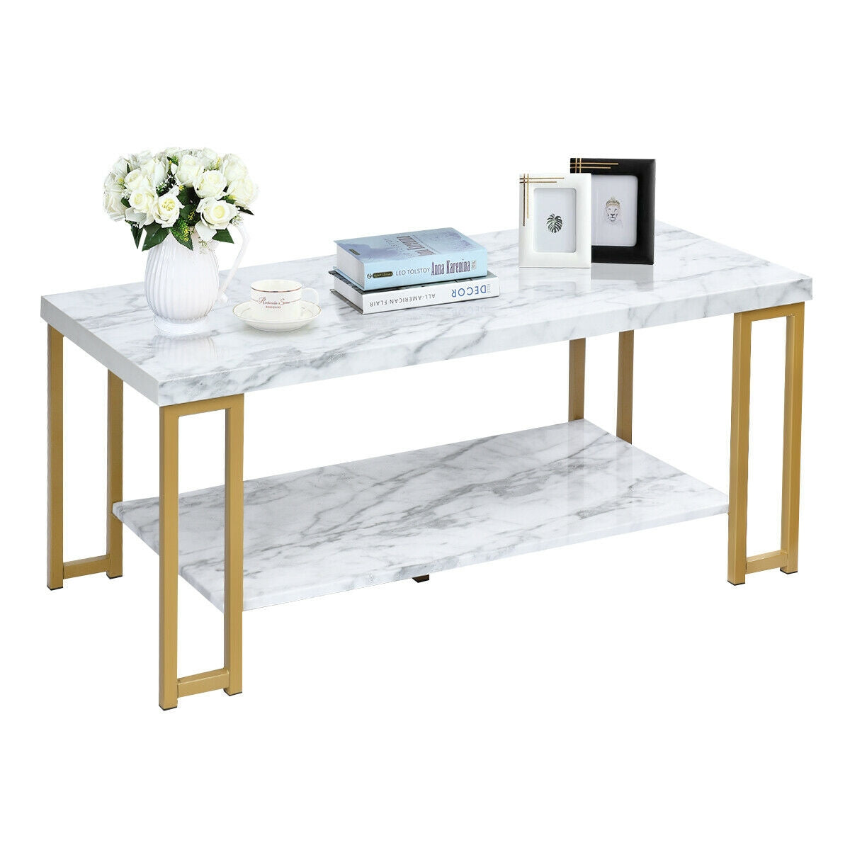 Modern Rectangular Coffee Table with Two Tiers and Gold Printed Metal Frame