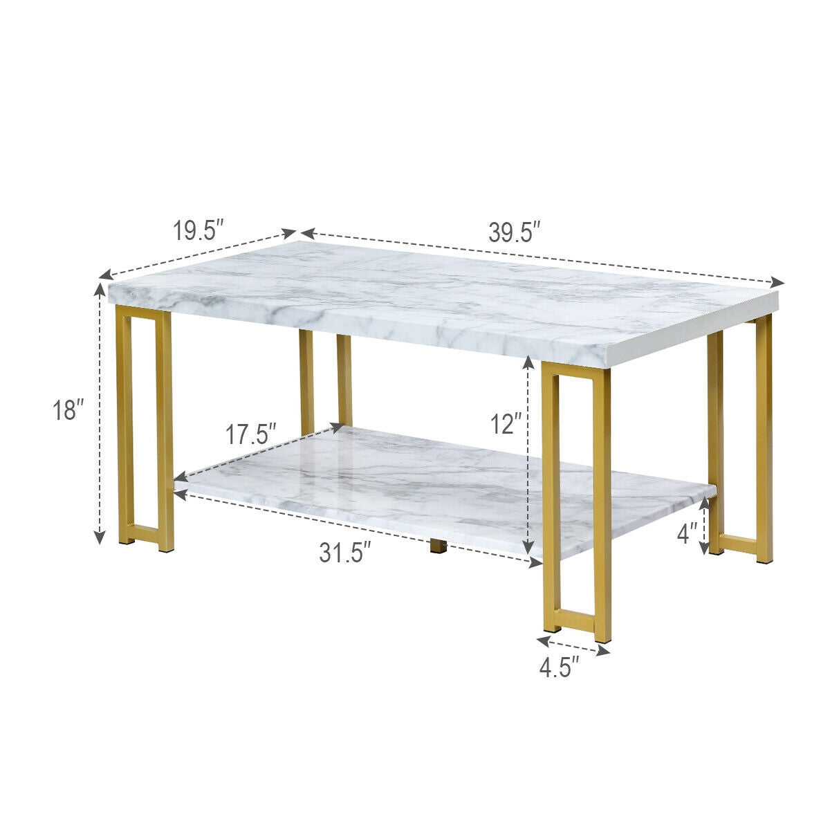 Modern Rectangular Coffee Table with Two Tiers and Gold Printed Metal Frame
