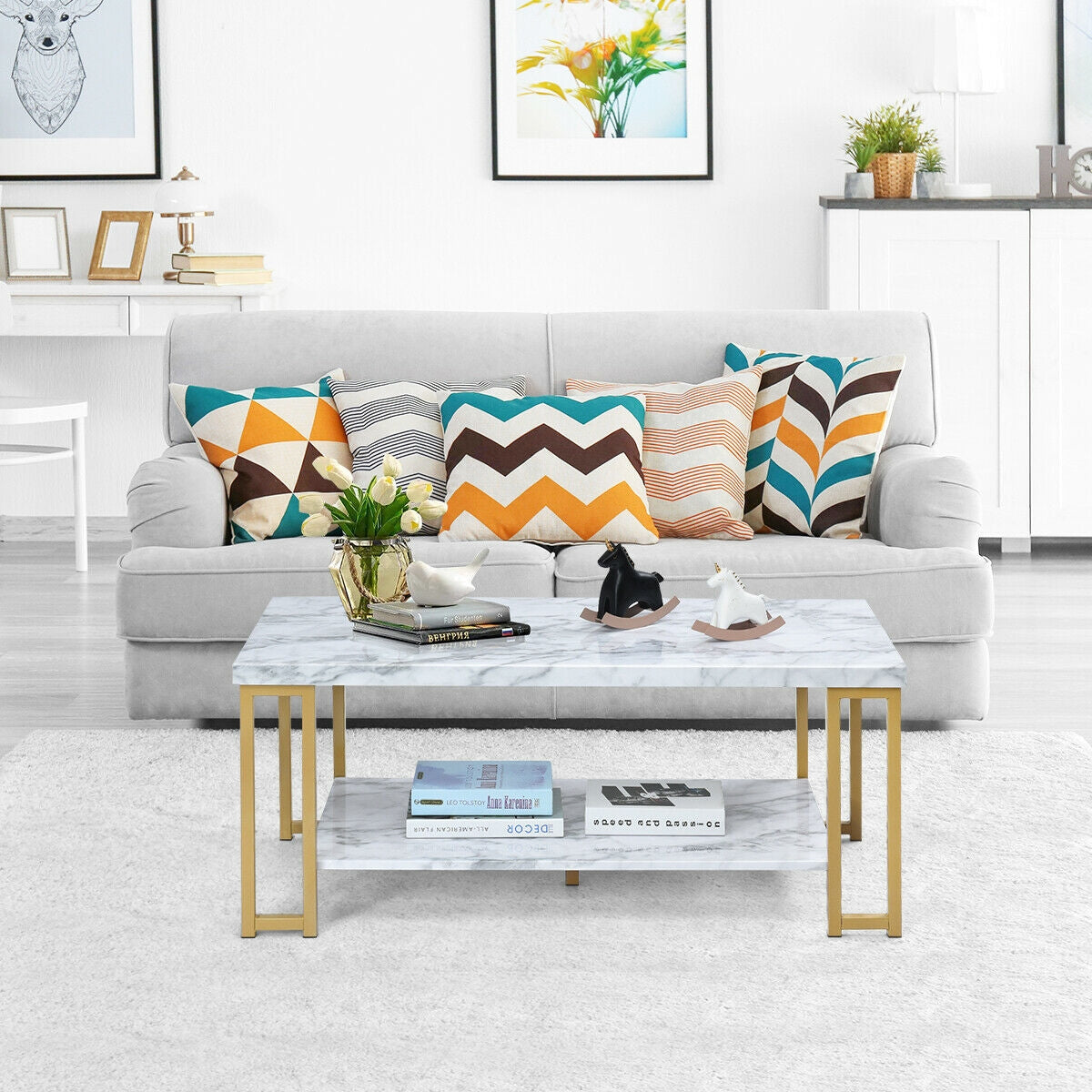 Modern Rectangular Coffee Table with Two Tiers and Gold Printed Metal Frame