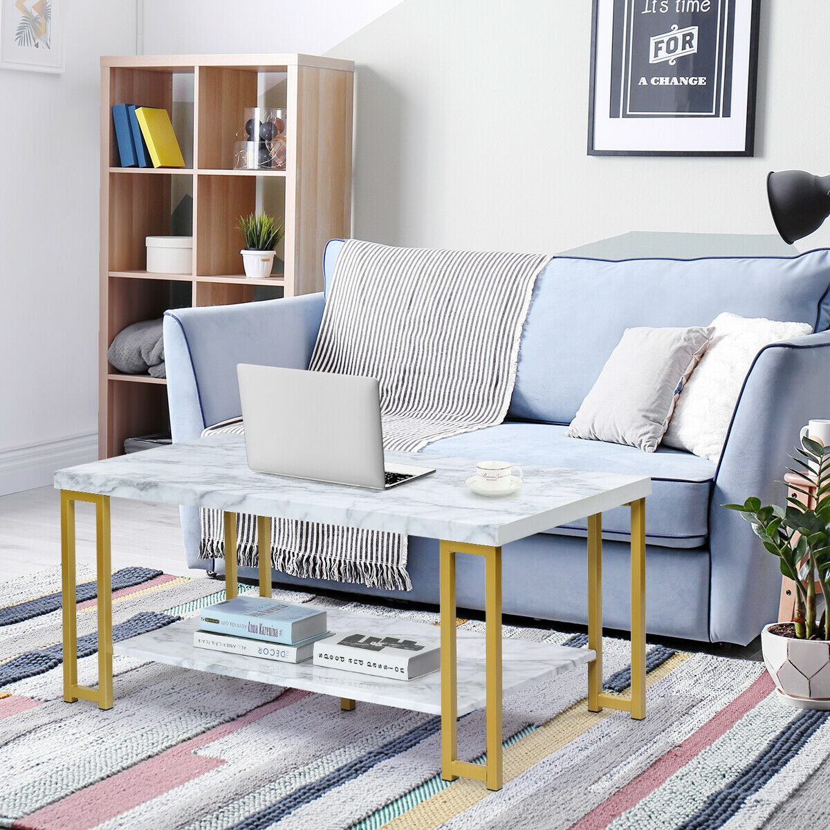 Modern Rectangular Coffee Table with Two Tiers and Gold Printed Metal Frame