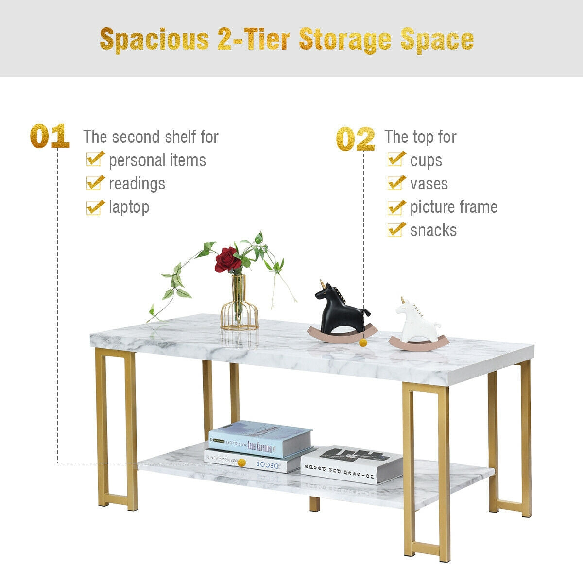 Modern Rectangular Coffee Table with Two Tiers and Gold Printed Metal Frame
