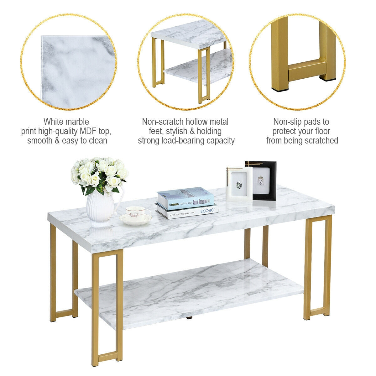 Modern Rectangular Coffee Table with Two Tiers and Gold Printed Metal Frame