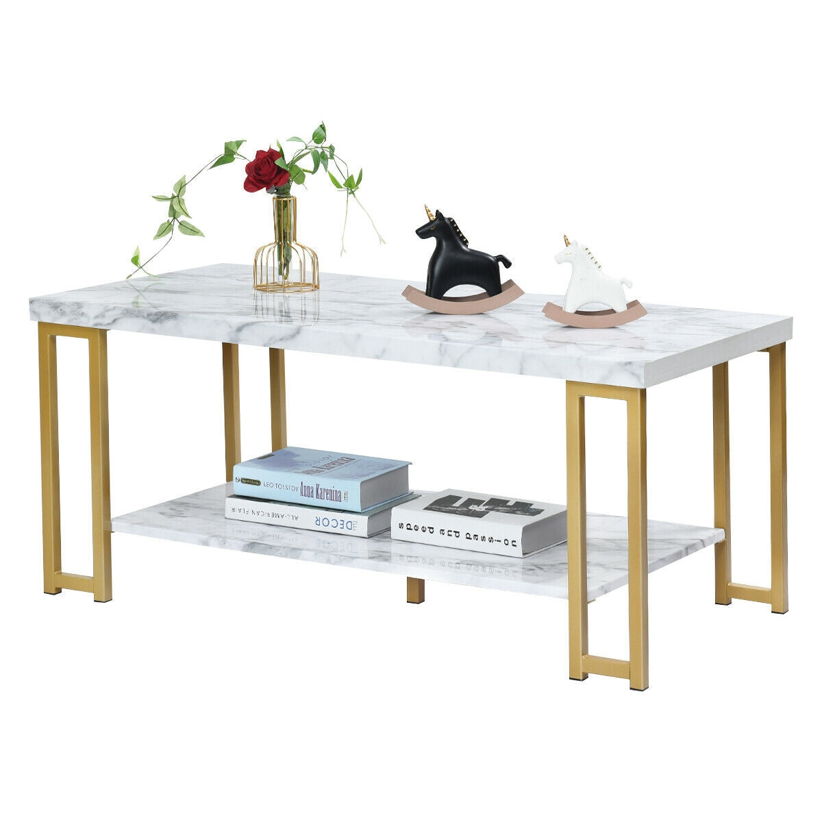 Modern Rectangular Coffee Table with Two Tiers and Gold Printed Metal Frame