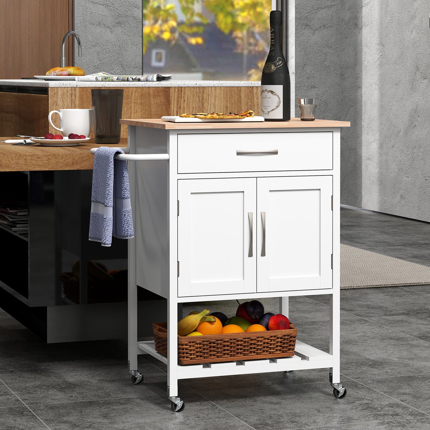 Rolling Kitchen Island Cart with Drawer Cabinet Bottom Shelf and Towel Rack - White