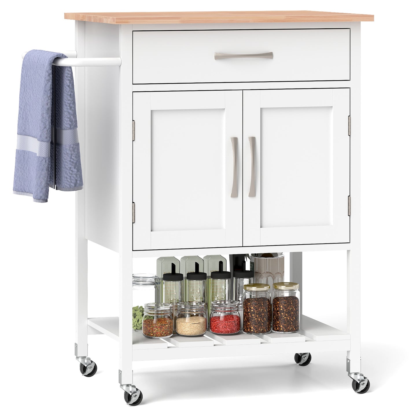 Rolling Kitchen Island Cart with Drawer Cabinet Bottom Shelf and Towel Rack - White