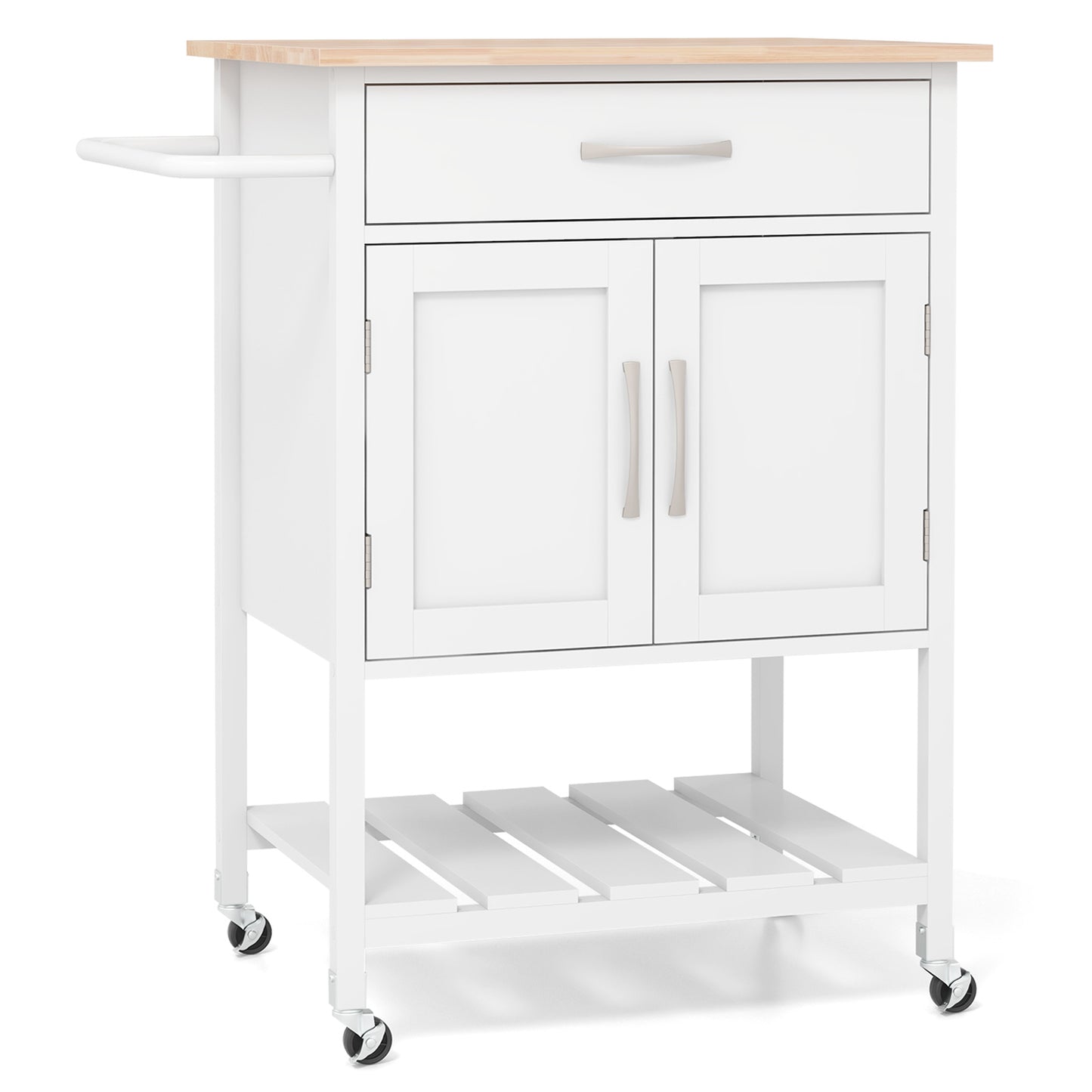 Rolling Kitchen Island Cart with Drawer Cabinet Bottom Shelf and Towel Rack - White