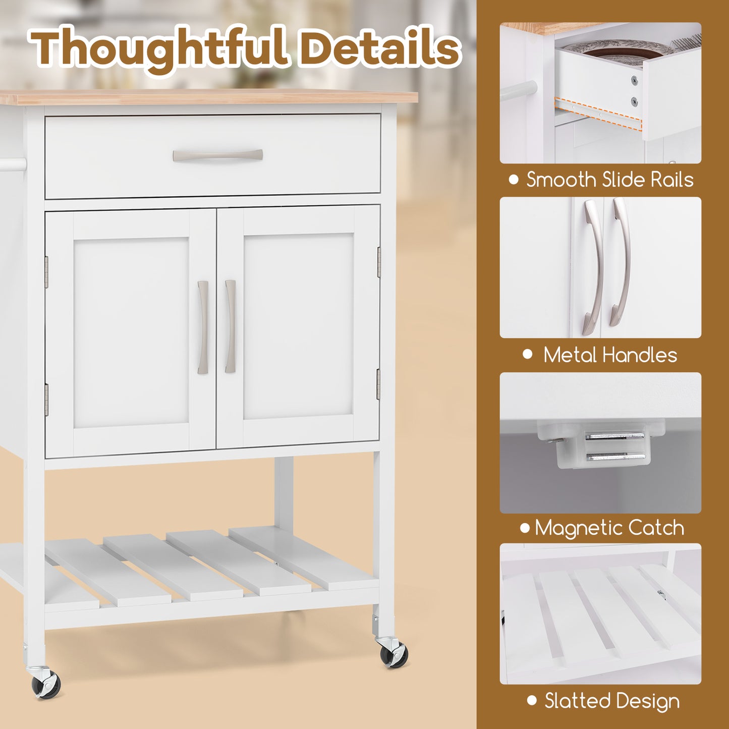 Rolling Kitchen Island Cart with Drawer Cabinet Bottom Shelf and Towel Rack - White
