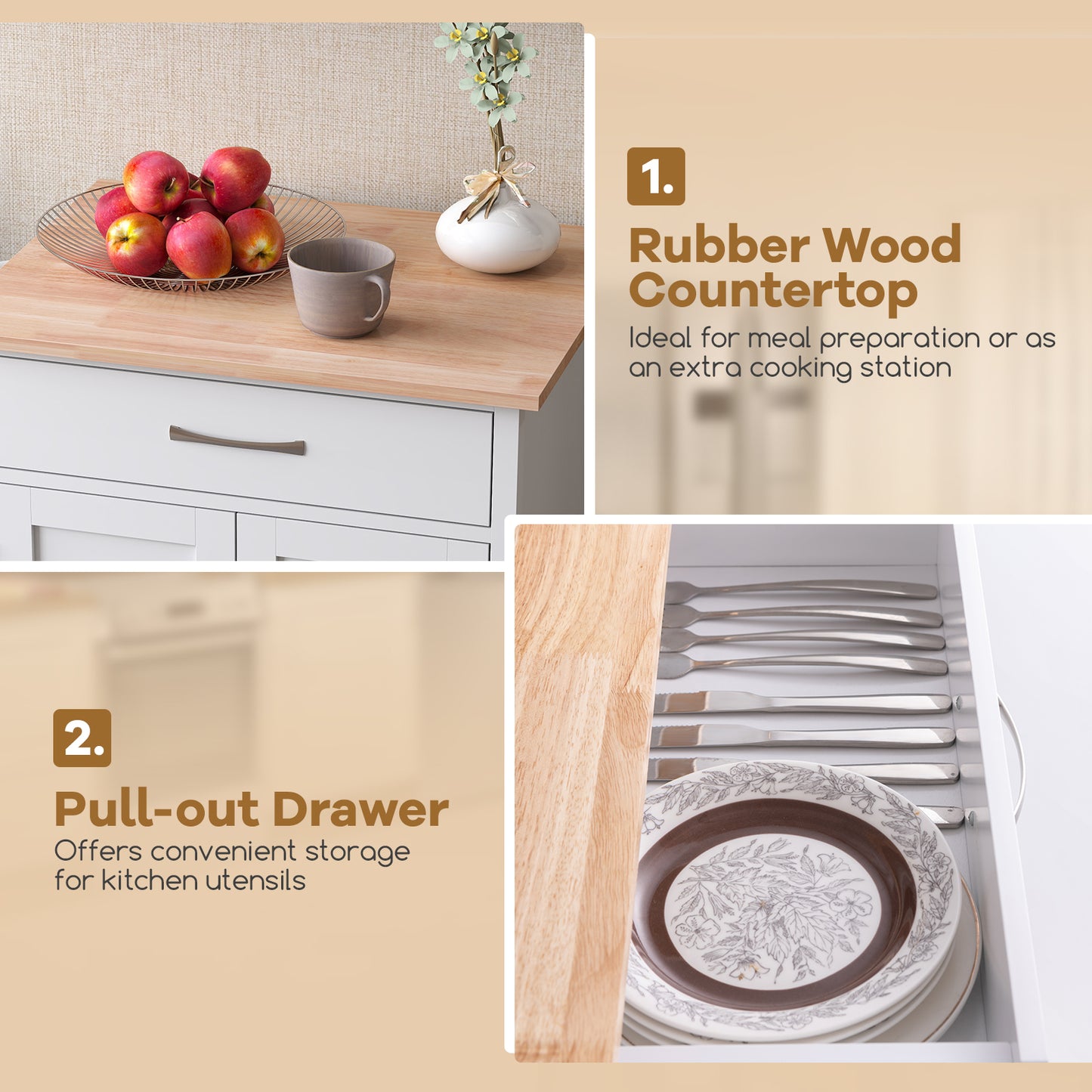 Rolling Kitchen Island Cart with Drawer Cabinet Bottom Shelf and Towel Rack - White