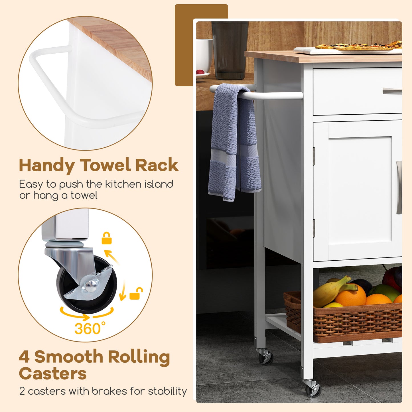 Rolling Kitchen Island Cart with Drawer Cabinet Bottom Shelf and Towel Rack - White