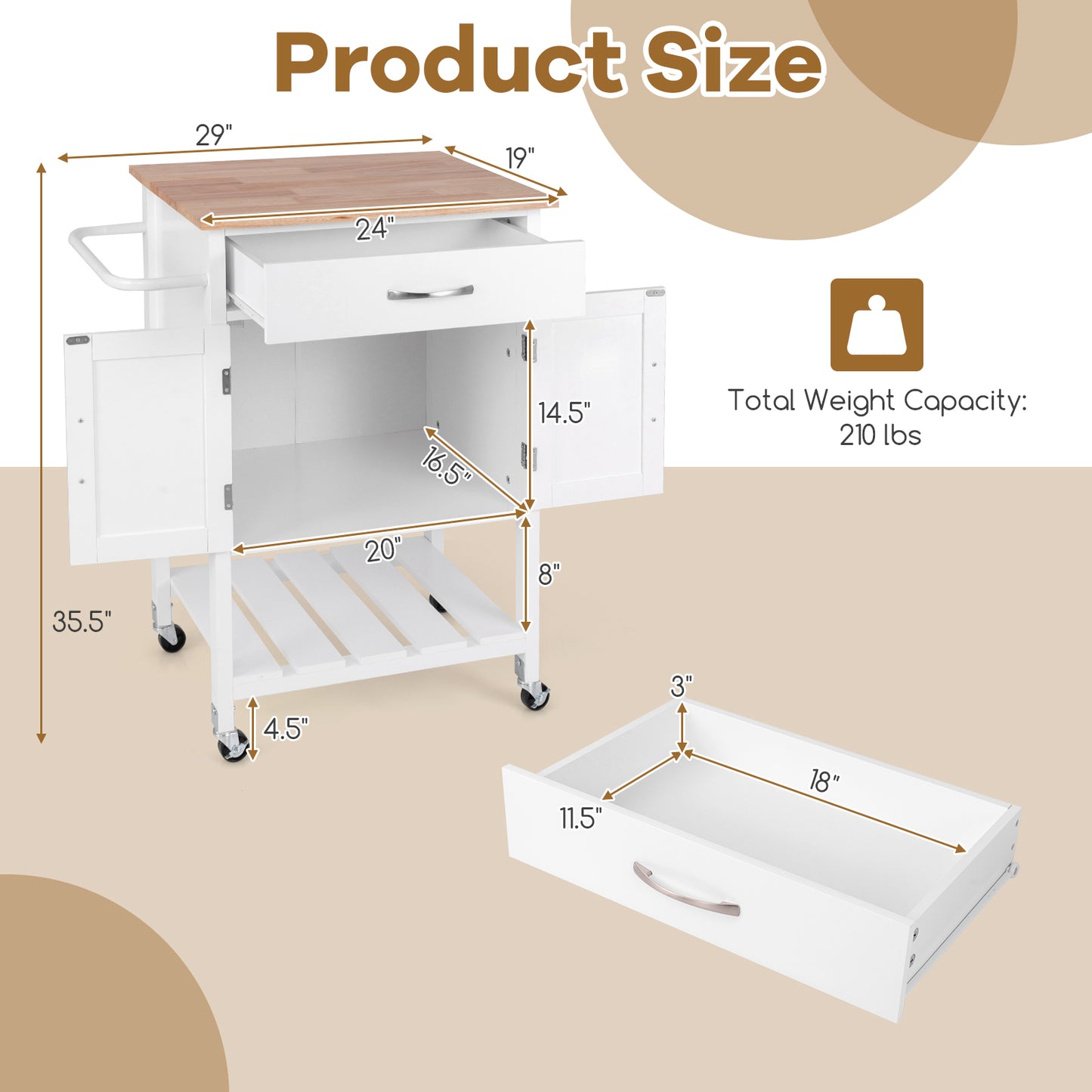 Rolling Kitchen Island Cart with Drawer Cabinet Bottom Shelf and Towel Rack - White