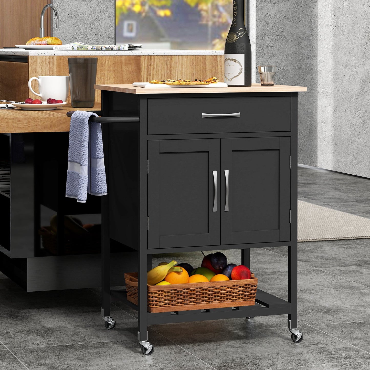 Rolling Kitchen Island Cart with Drawer Cabinet Bottom Shelf and Towel Rack - Black