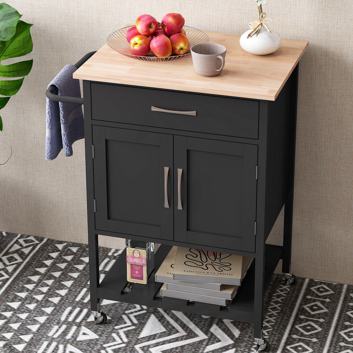 Rolling Kitchen Island Cart with Drawer Cabinet Bottom Shelf and Towel Rack - Black