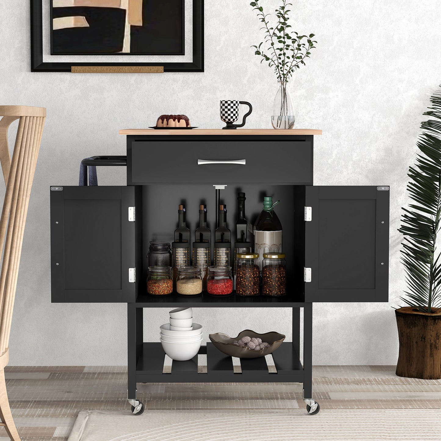 Rolling Kitchen Island Cart with Drawer Cabinet Bottom Shelf and Towel Rack - Black