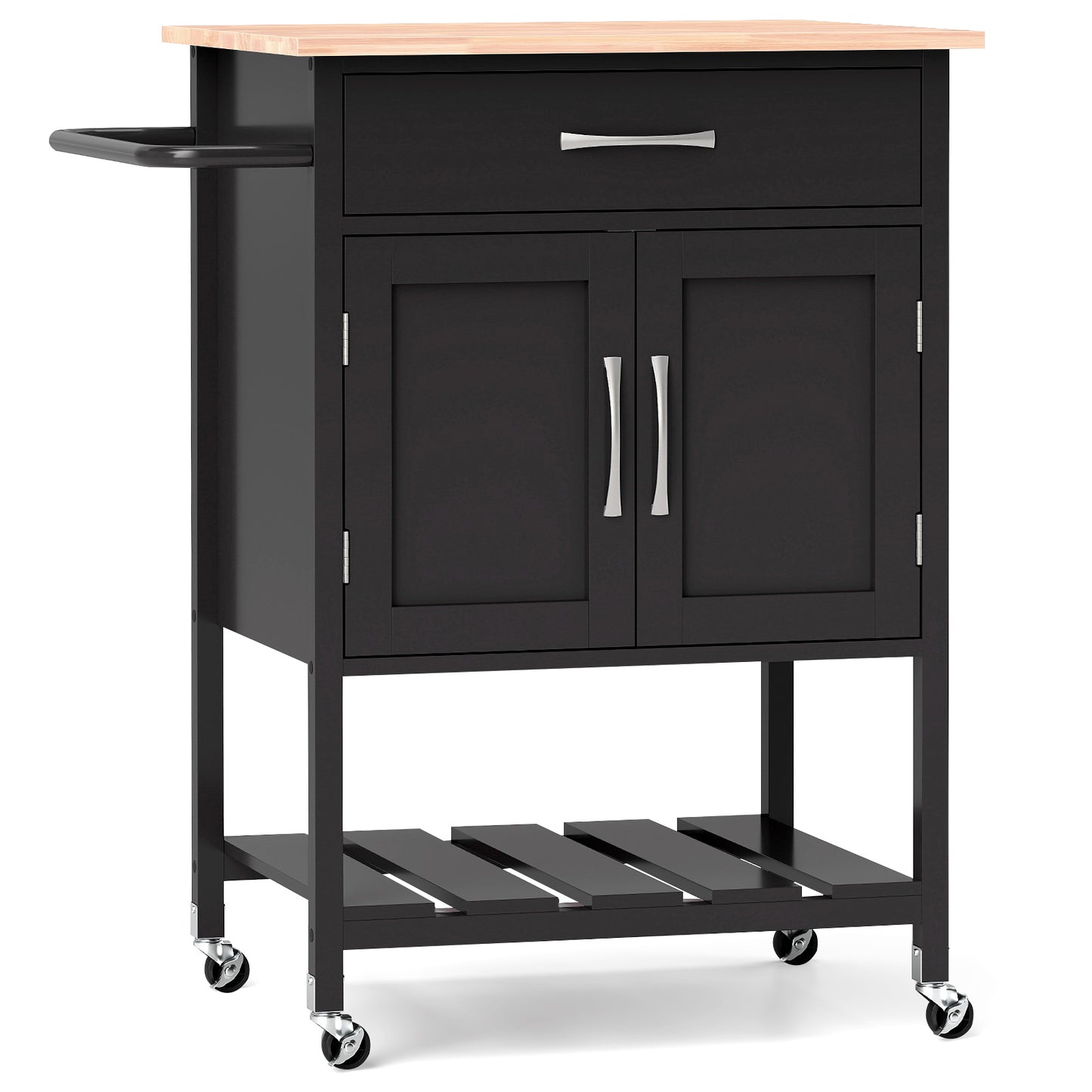 Rolling Kitchen Island Cart with Drawer Cabinet Bottom Shelf and Towel Rack - Black