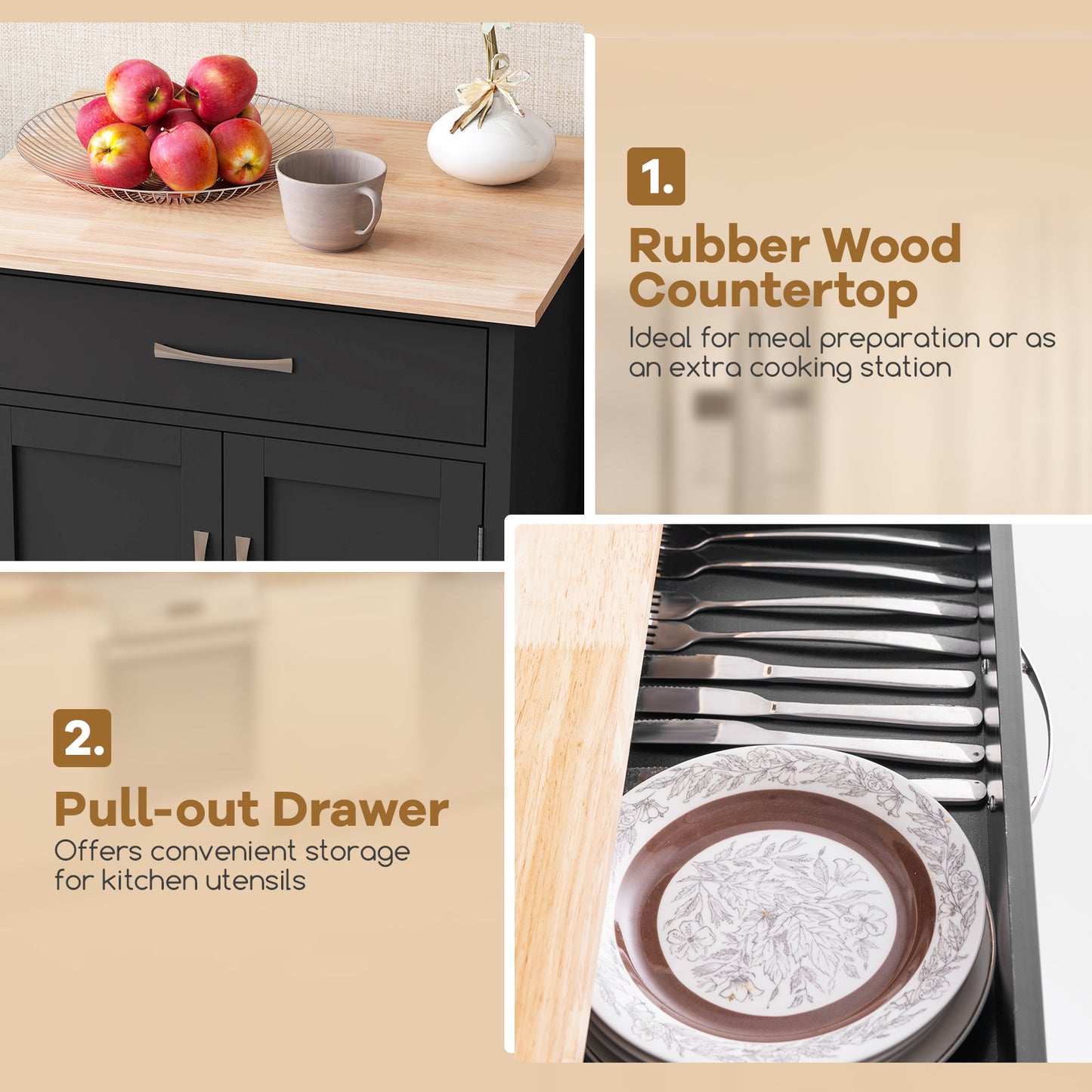 Rolling Kitchen Island Cart with Drawer Cabinet Bottom Shelf and Towel Rack - Black