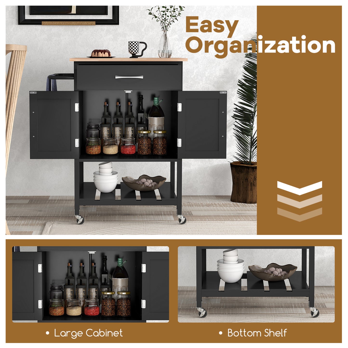 Rolling Kitchen Island Cart with Drawer Cabinet Bottom Shelf and Towel Rack - Black