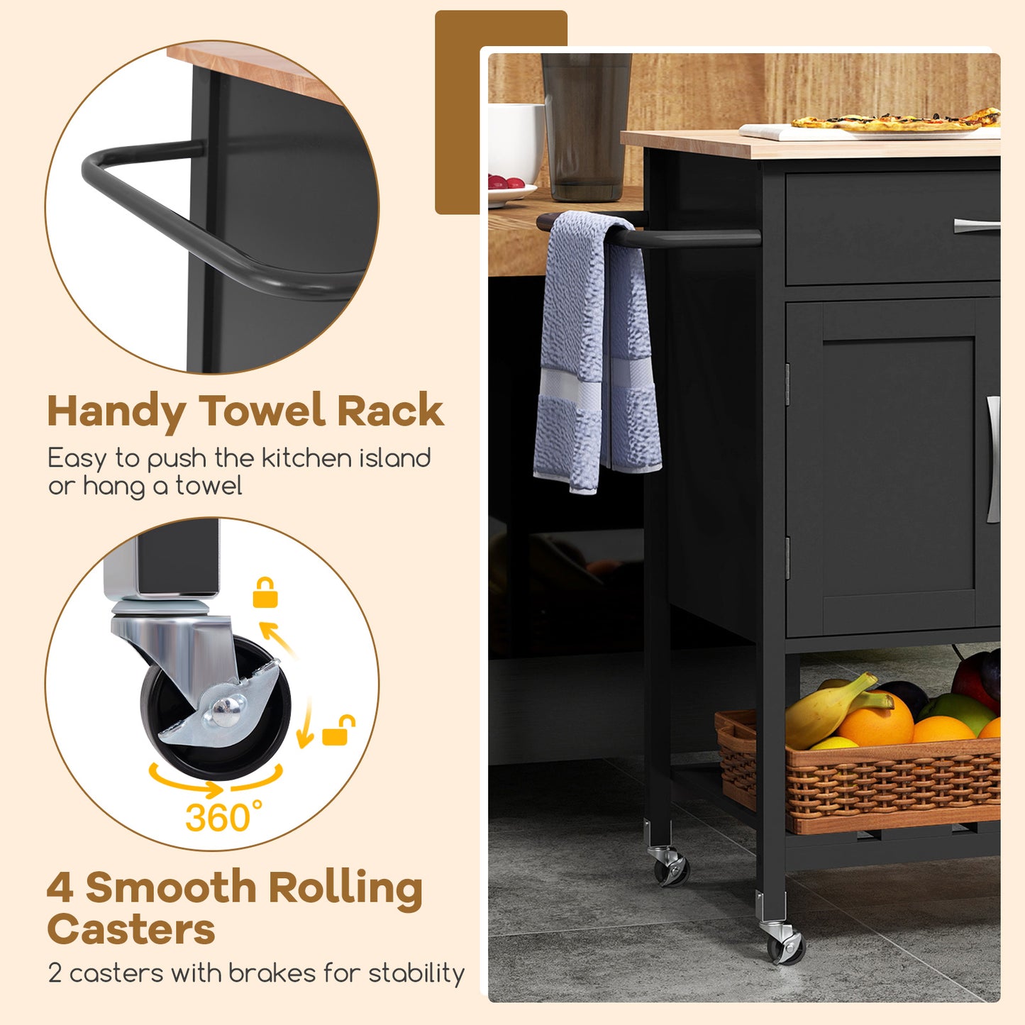 Rolling Kitchen Island Cart with Drawer Cabinet Bottom Shelf and Towel Rack - Black