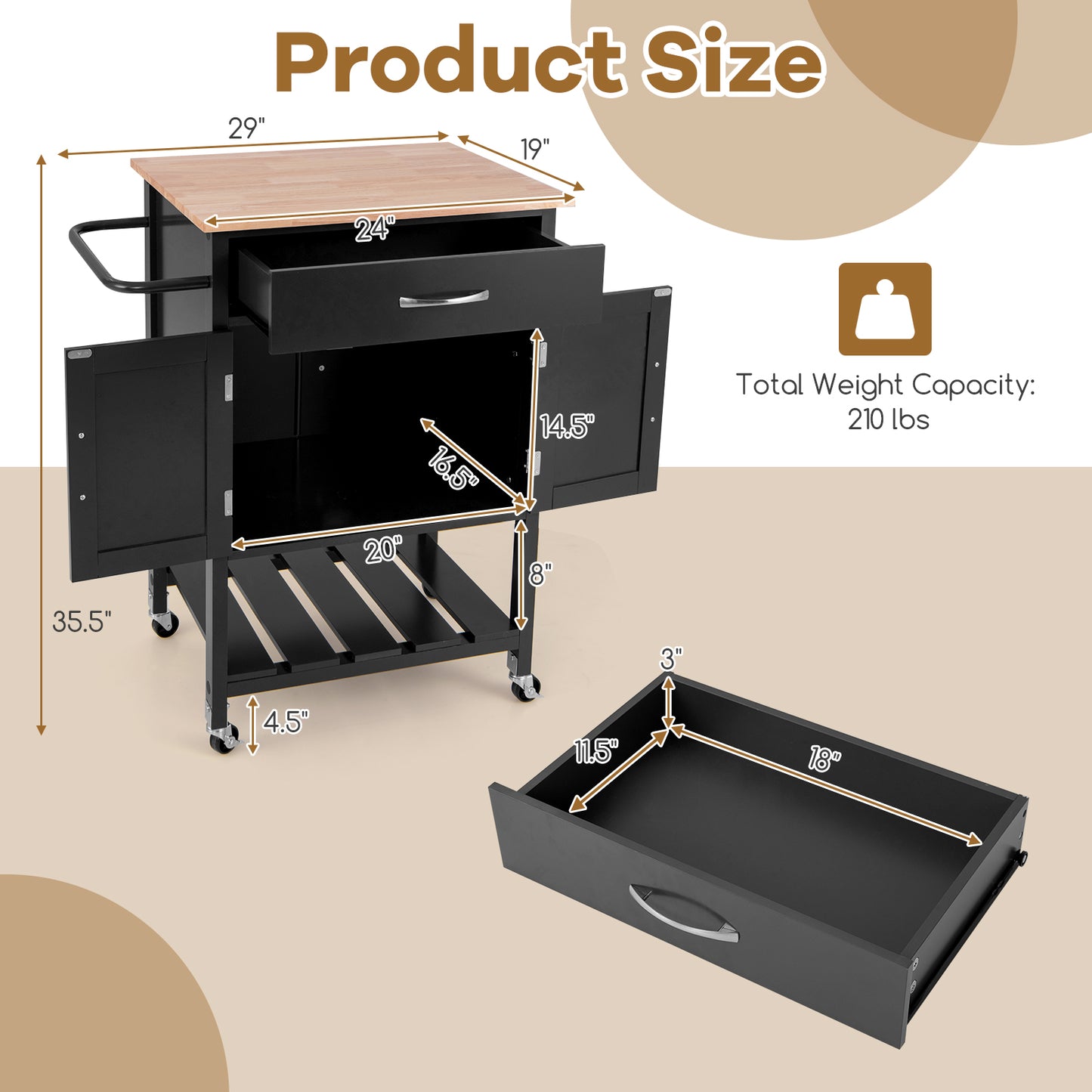 Rolling Kitchen Island Cart with Drawer Cabinet Bottom Shelf and Towel Rack - Black