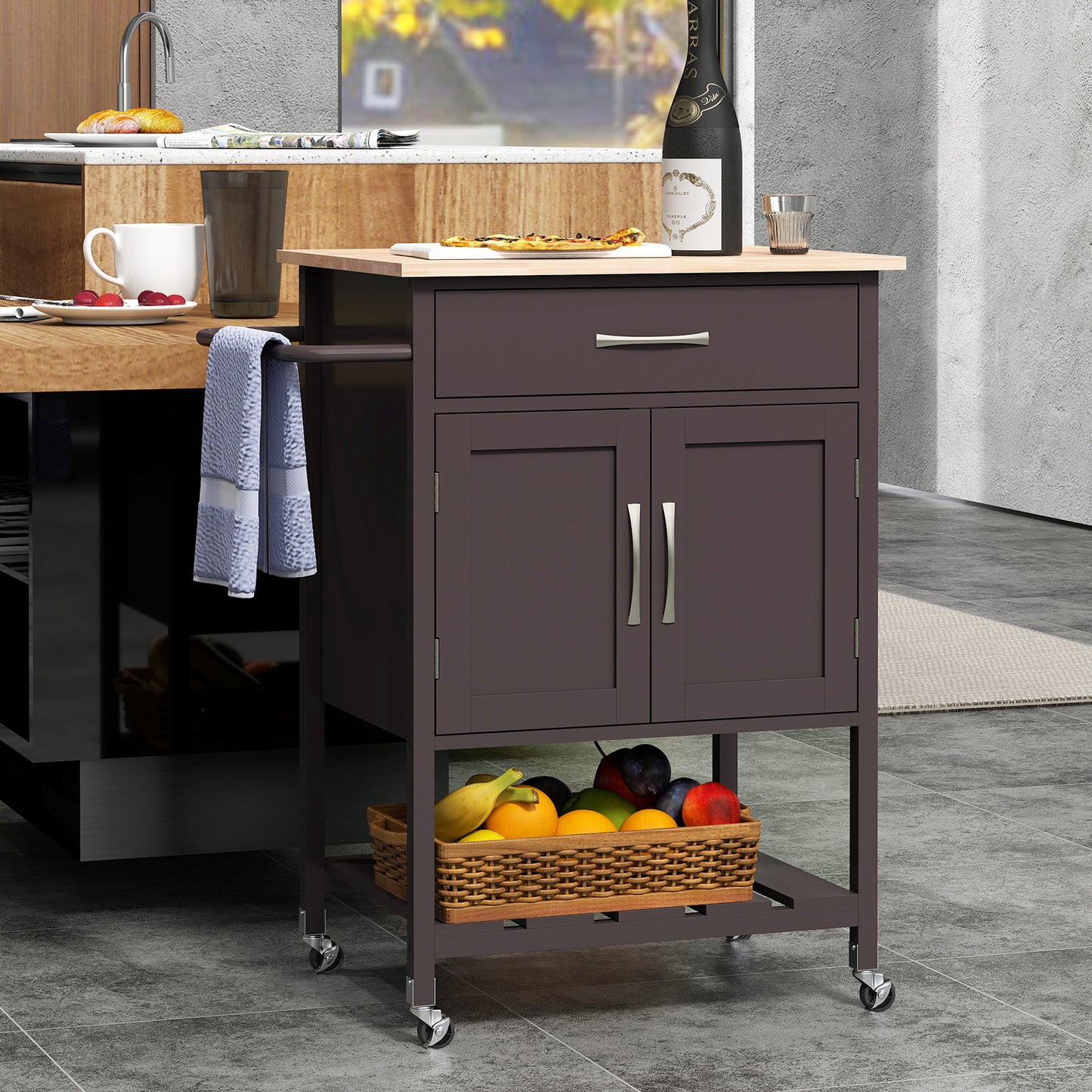 Rolling Kitchen Island Cart with Drawer Cabinet Bottom Shelf and Towel Rack - Brown