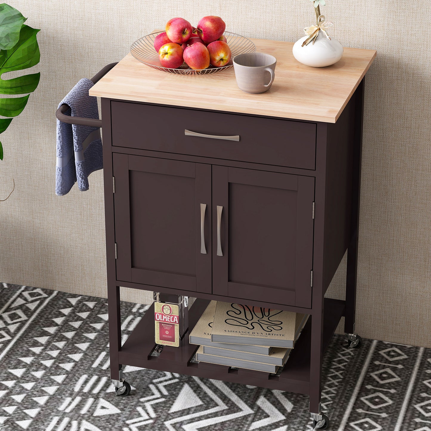 Rolling Kitchen Island Cart with Drawer Cabinet Bottom Shelf and Towel Rack - Brown