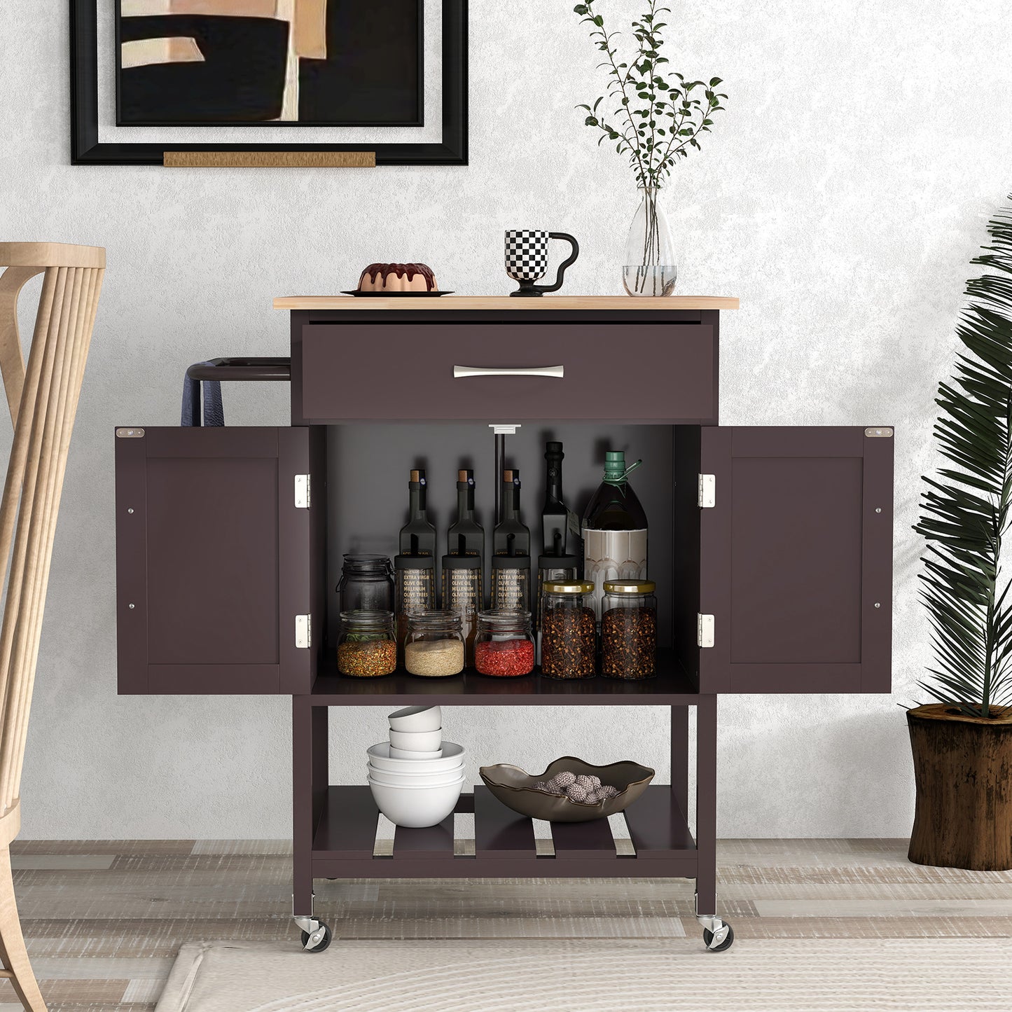 Rolling Kitchen Island Cart with Drawer Cabinet Bottom Shelf and Towel Rack - Brown