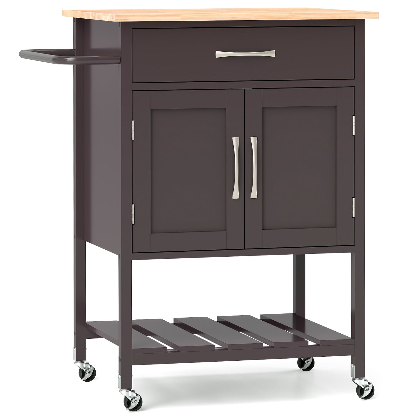 Rolling Kitchen Island Cart with Drawer Cabinet Bottom Shelf and Towel Rack - Brown