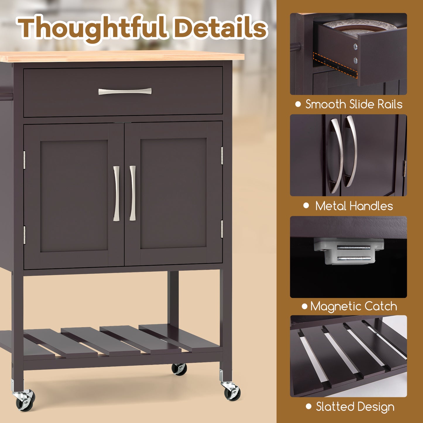 Rolling Kitchen Island Cart with Drawer Cabinet Bottom Shelf and Towel Rack - Brown