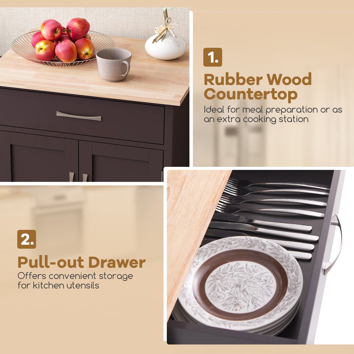 Rolling Kitchen Island Cart with Drawer Cabinet Bottom Shelf and Towel Rack - Brown