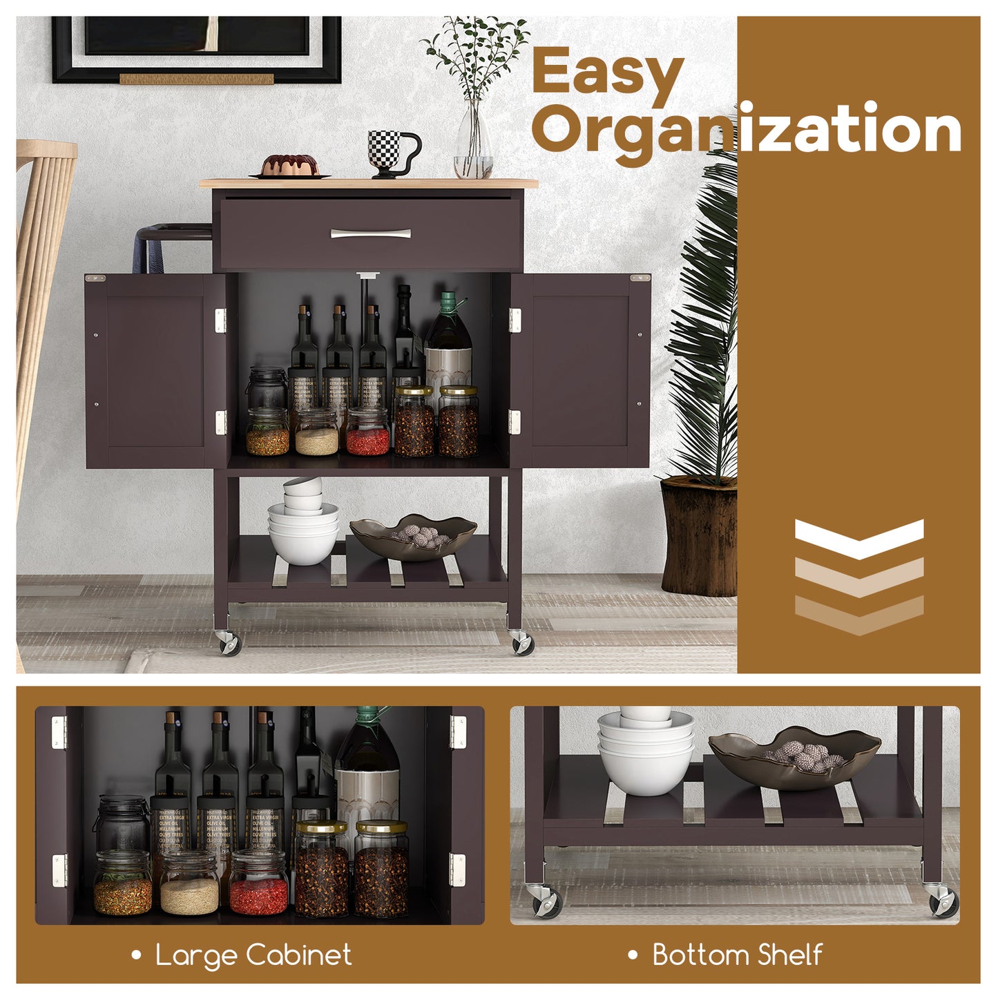 Rolling Kitchen Island Cart with Drawer Cabinet Bottom Shelf and Towel Rack - Brown