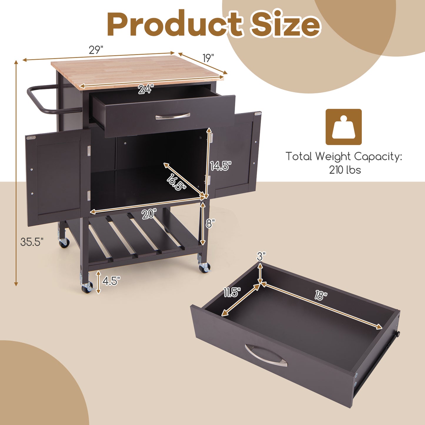 Rolling Kitchen Island Cart with Drawer Cabinet Bottom Shelf and Towel Rack - Brown