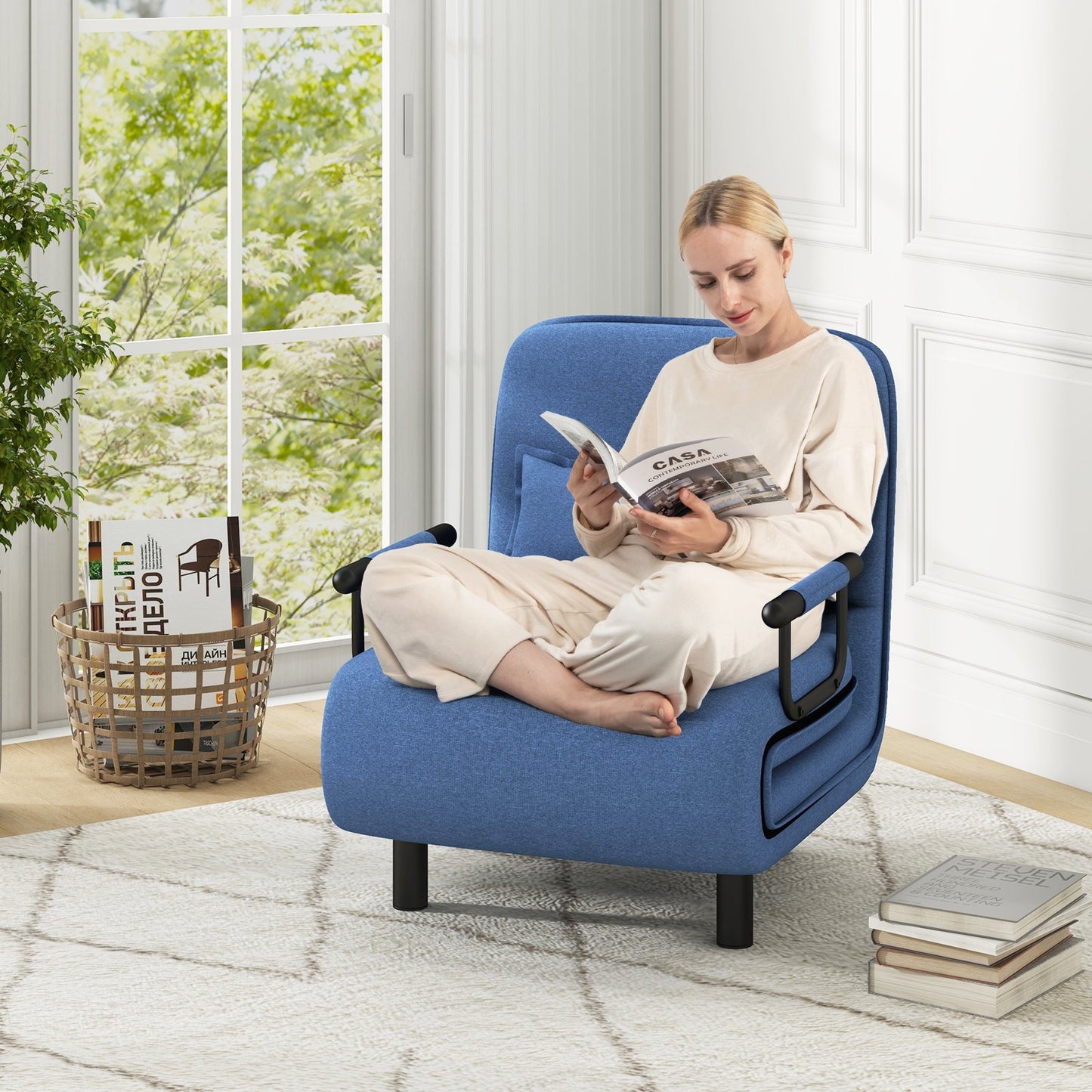 Modern 3 in 1 Sofa Chair Lounger Bed with Adjustable Backrest and Support Pillow in Blue