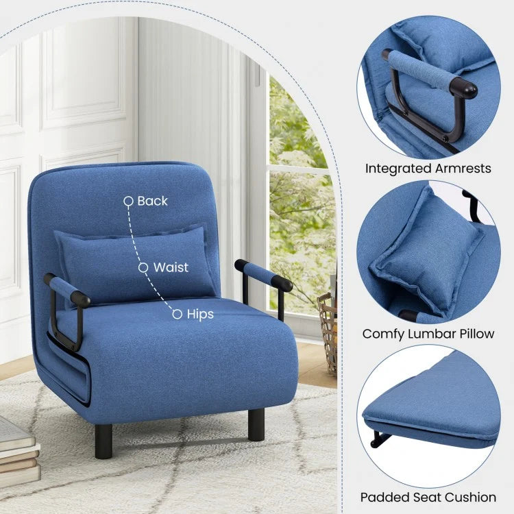 Modern 3 in 1 Sofa Chair Lounger Bed with Adjustable Backrest and Support Pillow in Blue