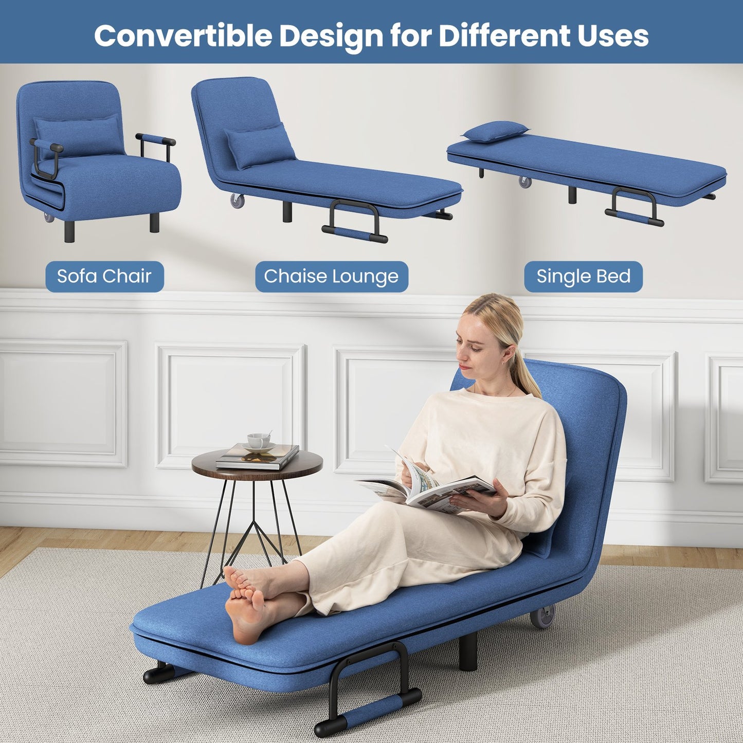 Modern 3 in 1 Sofa Chair Lounger Bed with Adjustable Backrest and Support Pillow in Blue