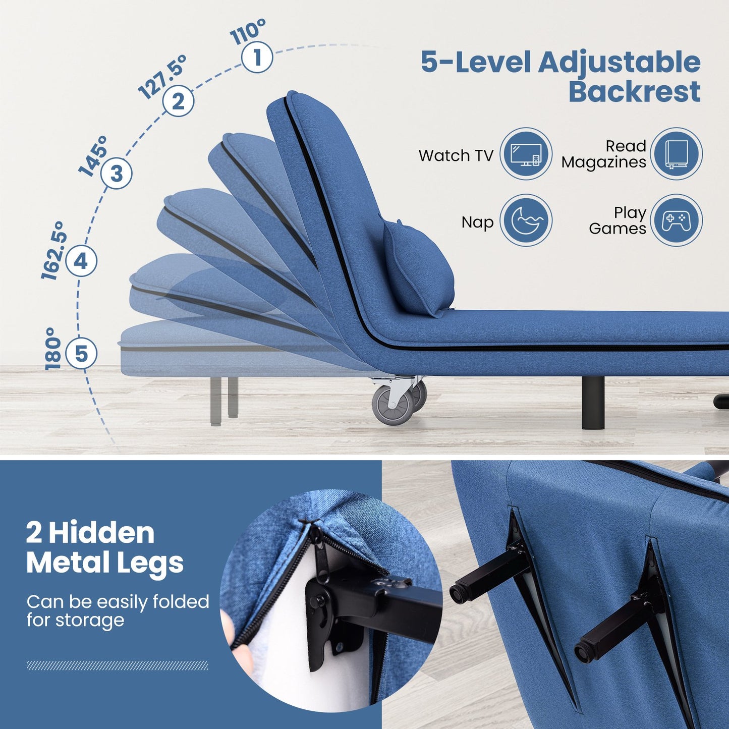 Modern 3 in 1 Sofa Chair Lounger Bed with Adjustable Backrest and Support Pillow in Blue