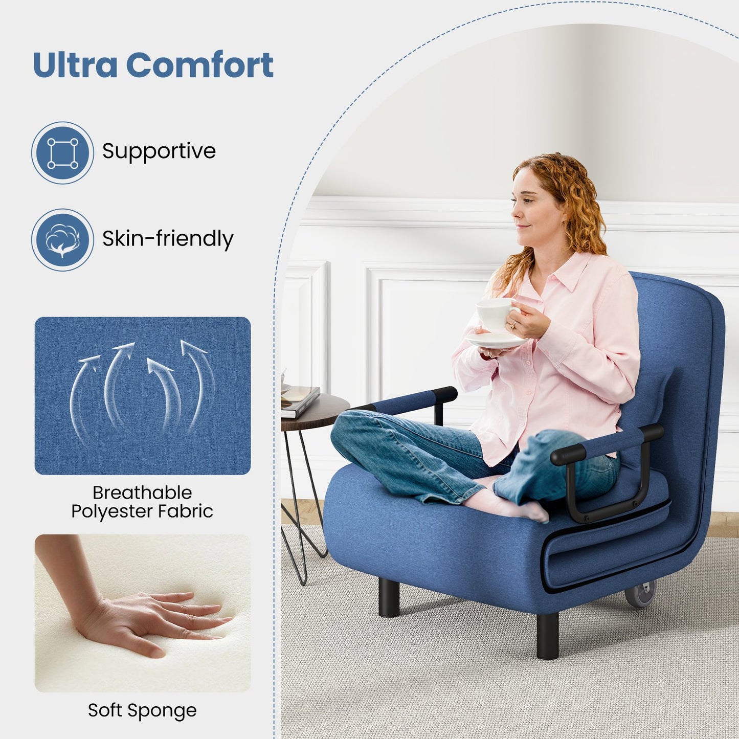 Modern 3 in 1 Sofa Chair Lounger Bed with Adjustable Backrest and Support Pillow in Blue