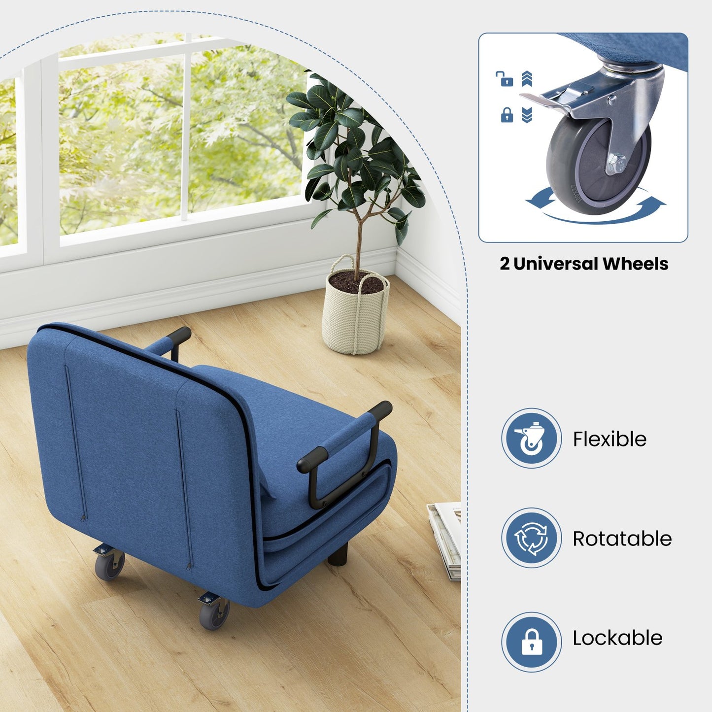 Modern 3 in 1 Sofa Chair Lounger Bed with Adjustable Backrest and Support Pillow in Blue